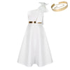 Women Big Bow Shoulder Skew Collar Big Swing Knee Length Dress Belt Street Vestidos Sexy Party Evening Chic Dresse