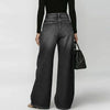 Women Faux Denim Wide Leg Pants High Waist Floral Print Eyelet Hole Decor Loose Baggy Trousers Vintage Street Long Pants