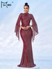 Elegant Apricot Sequin Muslim Party Dress Women Split Sleeve High Neck Bodycon Dubai Evening Dresses Prom Gown
