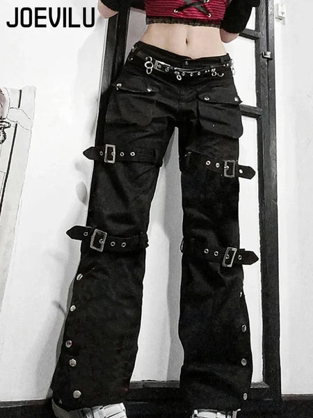 Metal Button High Waisted Straight Leg Jeans Drop Crotch Trousers Streetwear Hip Hop Y2K Cargo Denim Pants for Women