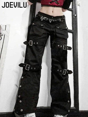 Metal Button High Waisted Straight Leg Jeans Drop Crotch Trousers Streetwear Hip Hop Y2K Cargo Denim Pants for Women