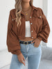 Corduroy Shacket for Women Fall Winter Short Lapel Jacket Long Sleeve with Mock Pockets & Single Button Casual Outerwear