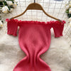 Pink Solid Button Front Spaghetti Dress Sexy Knit Slash Neck Mini Dress Bodycon Women's Clothing Outfits Ruffles