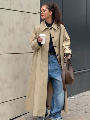 Parc Fee Loose Khaki Cotton Women's Windbreaker Winter Lapel Long Sleeve Trench Coat Elegant Classic Solid Coats Female