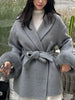 Women Grey Fur Splicing Woolen Coat Casual Belt Full Sleeve Lapel Loose Cardigan Outwear Lady Winter Highstreet Jacket
