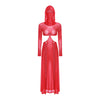Women Sheer Dress with Hooded Face Mask Maxi High Slit Sexy Mesh Dress Long Sleeves Hollow Out Sheer Dress Cover Up Swimwear