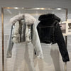 Real Fur Denim Jacket Women Autumn Fried Street Style Natural Fox Fur Collar + Rabbit Fur Liner Warm Rivet Short Jean Coat