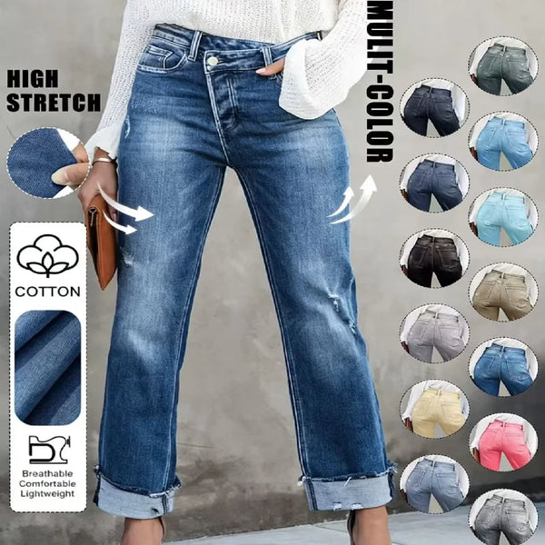 High Waist Stretch Denim Jeans for Women Solid Color Slim Straight Pants Pantalones de mujer