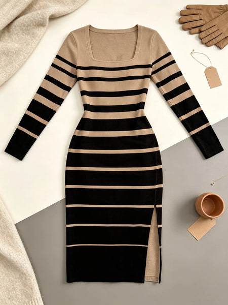 Women's Casual Maxi Dress Striped Color-Block Square Neck Long Sleeve Waist Cinched Skirt with Slit Comfortable Long Skirt