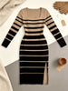 Women's Casual Maxi Dress Striped Color-Block Square Neck Long Sleeve Waist Cinched Skirt with Slit Comfortable Long Skirt