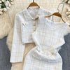 Autumn Dress Suit Women Korean Chic Blue Tweed Jacket + Vest Dress Elegant 2 Piece Set Long Sleeve Cropped Coat