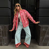 Striped Patchwork Scalloped Trim Trousers Women Street Elastic Waist Pocket Panelled Loose Wide Leg Pants Chic Ladies Partywear