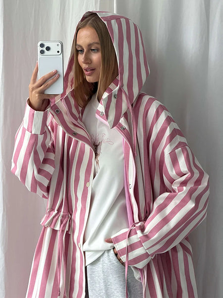 Striped Hooded Long Trench Coat Drawstring Waist Open Front Spring Women Glam Outerwear Warm Casual Lady Windbreaker Jacket