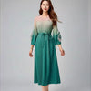 Elegant Gradient Color Pleated Women's Dress Lace Up Design Round Collar Flower Sleeve Famale Clothing 2DB8074