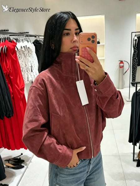 Vintage Suede Jackets Women's Loose Full Sleeves Zipper Pockets Stand Collar Coats Ladies Autumn Solid Streetwear