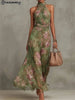 Elegant Printed Ruffle Maxi Dress Women Chic High Neck Puff Short Sleeve Waist-cinching Bodycon Dresses Lady Vacation Robes