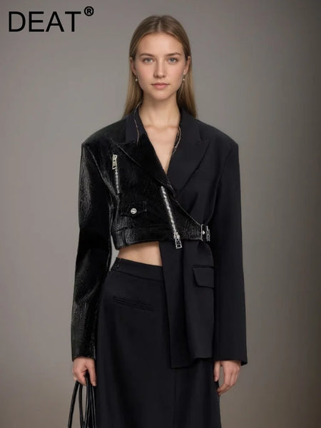 Deconstruction Irregular PU Leather Spliced Blazer Women's Lapel Loose Strap Suit Jacket Autumn