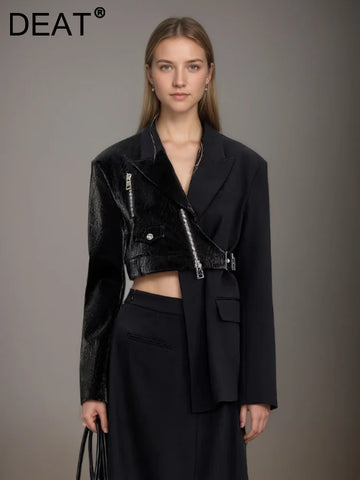 Deconstruction Irregular PU Leather Spliced Blazer Women's Lapel Loose Strap Suit Jacket Autumn