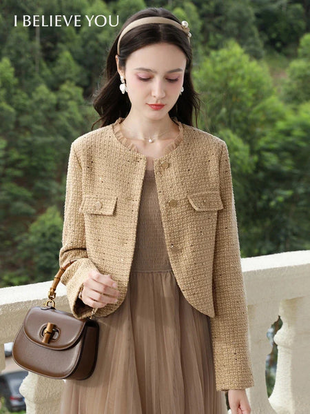 Tweed Short Coats for Women French Camel Wood Ear Collar Bead Autumn Retro Quality Jackets 2243185796