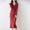 Women Pure Wool Sweater Dresses Long Sleeve Purllover 100% Merino Wool V-neck Knitwear Spring Autumn Grace Striped Dresses