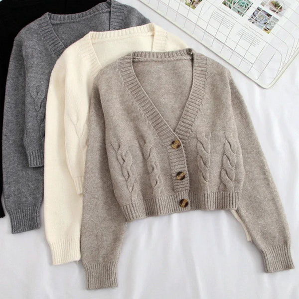 V Neck Cropped Cardigan Women Long Sleeve Twist Knitted Sweater Coats Autumn Winter Keep Warm Korean Cardigan
