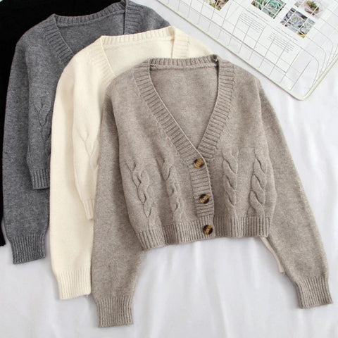 V Neck Cropped Cardigan Women Long Sleeve Twist Knitted Sweater Coats Autumn Winter Keep Warm Korean Cardigan