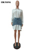 Vintage Women Long Sleeve Turn-down Collar Shirt Blouse Style Dress with Denim Jean Irregular Mini Skirt Two 2 Piece Set