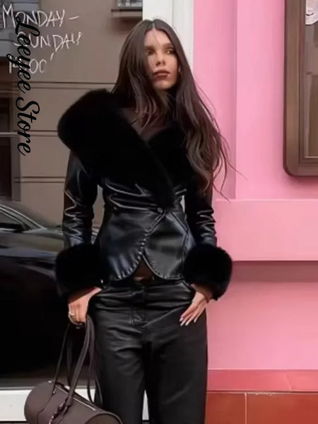 Black Fur Collar Leather Jacket Women Chic Solid Full Sleeves Waist Cinching V-neck Short Coat Lady High Street Outerwear