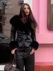 Black Fur Collar Leather Jacket Women Chic Solid Full Sleeves Waist Cinching V-neck Short Coat Lady High Street Outerwear