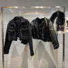 Real Fur Denim Jacket Women Autumn Fried Street Style Natural Fox Fur Collar + Rabbit Fur Liner Warm Rivet Short Jean Coat