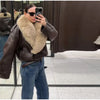 Elegant PU Fur Patchwork Jacket Women Loose Detachable Collar Lapel Double Breasted Jackets Female Winter Warm Outwear