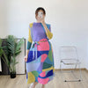 Pleated Printing Dress For Women Spring Loose Color Block Dresses With Belt Female Clothes 2D1127