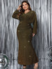 Plus Size V-Neck Long Sleeve Mermaid Hem Dress Women Autumn Evening Party Glitter High Waist Bodycon Long Dress
