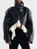 Edgy Faux Leather Cropped Jacket for Women Lapel Snap Button Irregular Pleated Ruffle Hem Long Sleeve Biker Coat