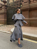 Light Blue Cape 3 Piece Outfit Women Solid Slim Blouse Asymmetrical Hem Midi Skirt Lady Formal Office Matching Set