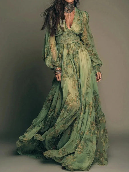 Pastoral V-neck Long Sleeve Dress Printed Selling Storm in Europe And America West Asia Style for Women