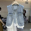 Spring Autumn lace Stitching Denim Vest Jacket Women's Korean Sleevele Waistcoat Cowboy Vest Coat Female Casual Ladies Tops