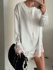 Satin Lace Patchwork Dress Women Long Sleeve O-neck Casual Spring Female Dresses Casual Solid Beach Robe not contain pearls