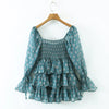 Women Sexy Cross Bandage Black Flower Print Puff Long Sleeve Dress 3 Layer Wood Ears Ruffles Hem Cake Mini Holiday Robe