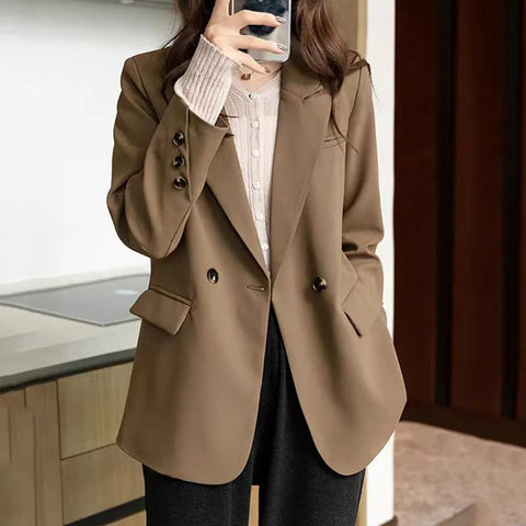 Vintage Double-Breasted Suit Jacket Female Solid Casual Long Sleeve Notched Blazer Ladies Korean Design Sense Blazers Outwear