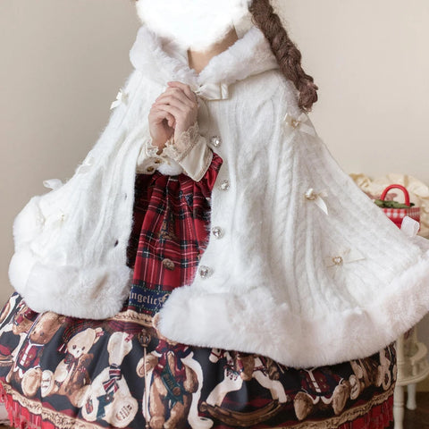 Japanese Kawaii Lolita Style Plush Hooded Poncho Coat Women Sweet Warm Knitted Bow Short Jackets Vintage Elegant Cloak Outerwear