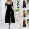 Women's Irregular Lattice Patchwork Long Dresses Vintage Buttons O Neck Half Sleeves Casual Lady Commuting Dress