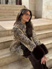 Women Leopard Print Stand Collar Waist Cinched Faux Fur Short Coat Fluffy Cuff Outerwear Winter Ladies Warm Furry Jacket
