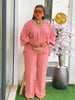 Women Causal Pink Two Piece Set V Neck Appliques Waist Cinching Top Wide Leg Long Pants African Office Party Outfits