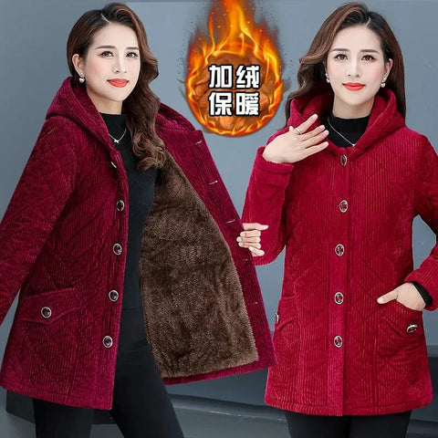 2026New Autumn Winter With Velvet Cotton-padded Jacket Women Mid-Aged Mother Hooded Floral Plus Velvet Warm Parkas Coat Female