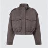 Women Faux Suede Cropped Jacket Stand Collar Snap Button Epaulet Detail Long Sleeve Loose Moto Outerwear Edgy Fall Daily Jackets