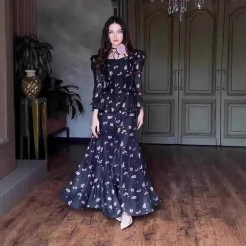 Spring Vintage Court Style Printed Long Sleeve Slim Fit Long Dress For Women Elegant Temperament Suit