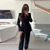 Women's Black Blazer Pants Set With Feather Cuffs Lapel Long Sleeve Button Jacket Wide Leg Pants Lady Chic Outfits