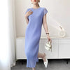 White Textured Pleated Women's Dress Raglan Sleeve Round Neck Side Slit Casual Formal Sheer Dresses Spring