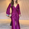 Elegant Long Sleeve Solid Dresses Women V Neck Pleated Waist Twist Detail High Split Maxi Dress Evening Prom Wedding Guest Dress
